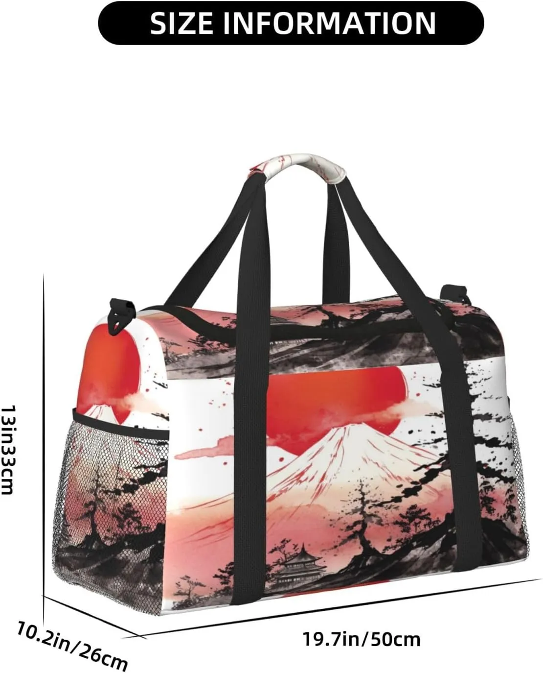 Travel Duffel Bag For Men Women, Japan Traditional Sun Fuji Mountain Art Painting Carry On Sport Gym Bag With Shoulder Strap Lightweight Waterproof Weekender Bag Overnight Bag