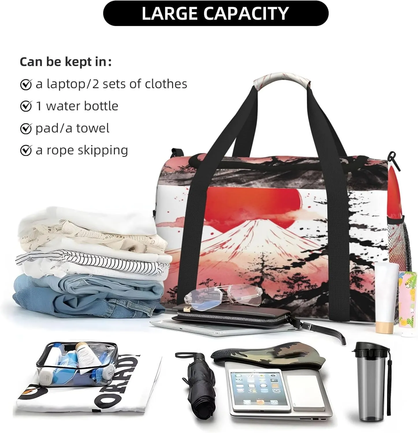 Travel Duffel Bag For Men Women, Japan Traditional Sun Fuji Mountain Art Painting Carry On Sport Gym Bag With Shoulder Strap Lightweight Waterproof Weekender Bag Overnight Bag