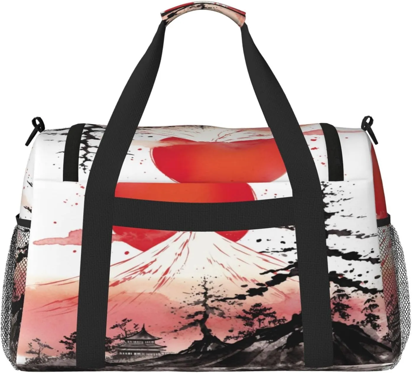 Travel Duffel Bag For Men Women, Japan Traditional Sun Fuji Mountain Art Painting Carry On Sport Gym Bag With Shoulder Strap Lightweight Waterproof Weekender Bag Overnight Bag