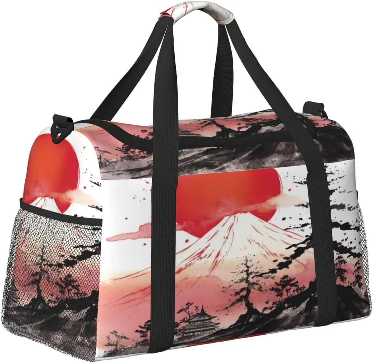 Travel Duffel Bag For Men Women, Japan Traditional Sun Fuji Mountain Art Painting Carry On Sport Gym Bag With Shoulder Strap Lightweight Waterproof Weekender Bag Overnight Bag