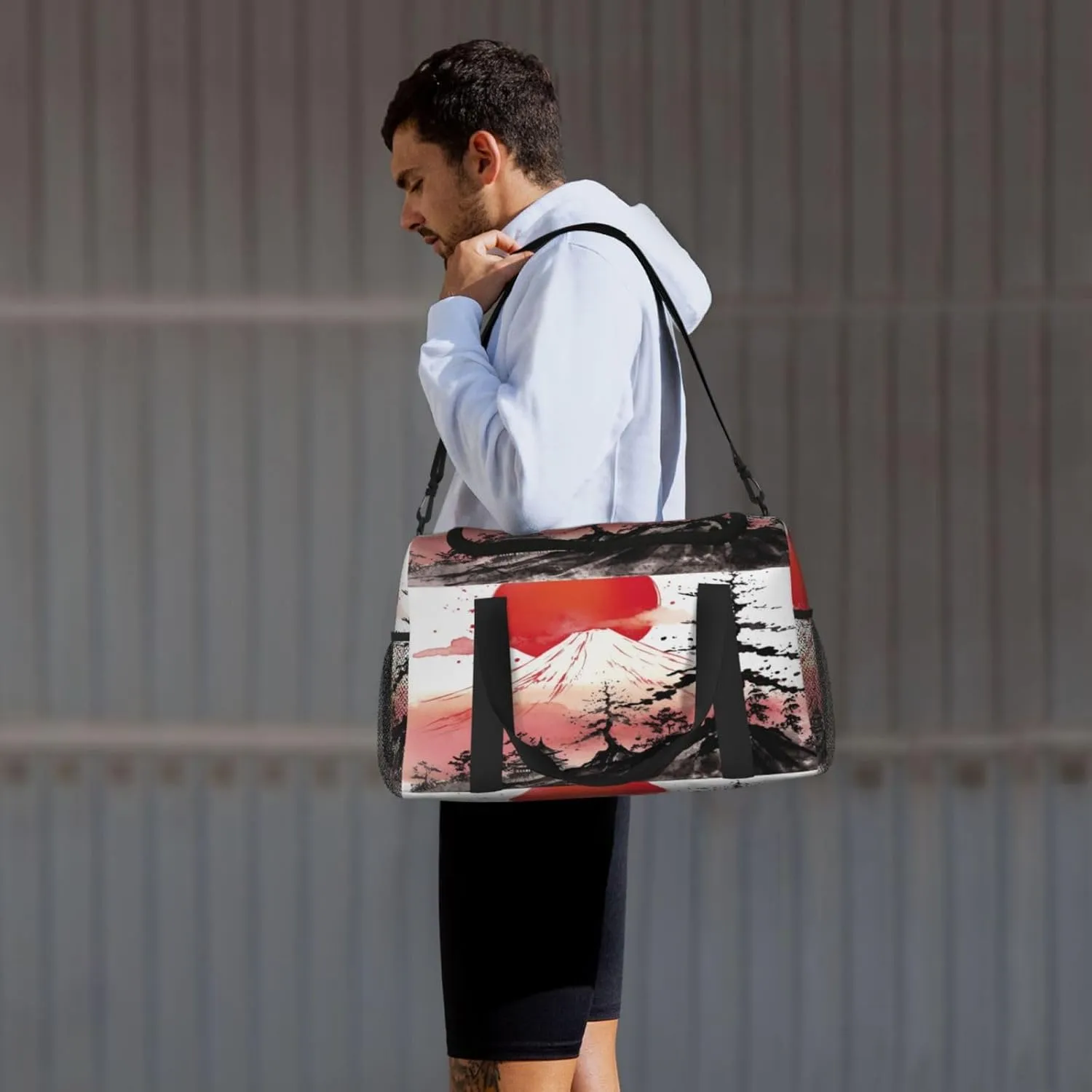 Travel Duffel Bag For Men Women, Japan Traditional Sun Fuji Mountain Art Painting Carry On Sport Gym Bag With Shoulder Strap Lightweight Waterproof Weekender Bag Overnight Bag