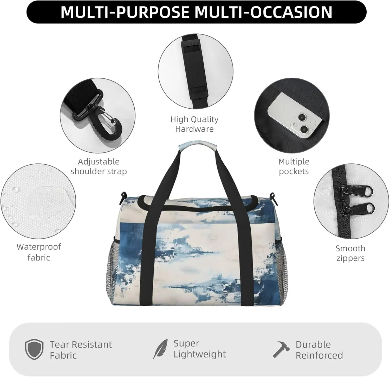 Travel Duffel Bag For Men Women, Navy Blue Art Painting Carry On Sport Gym Bag With Shoulder Strap Lightweight Waterproof Weekender Bag Overnight Bag