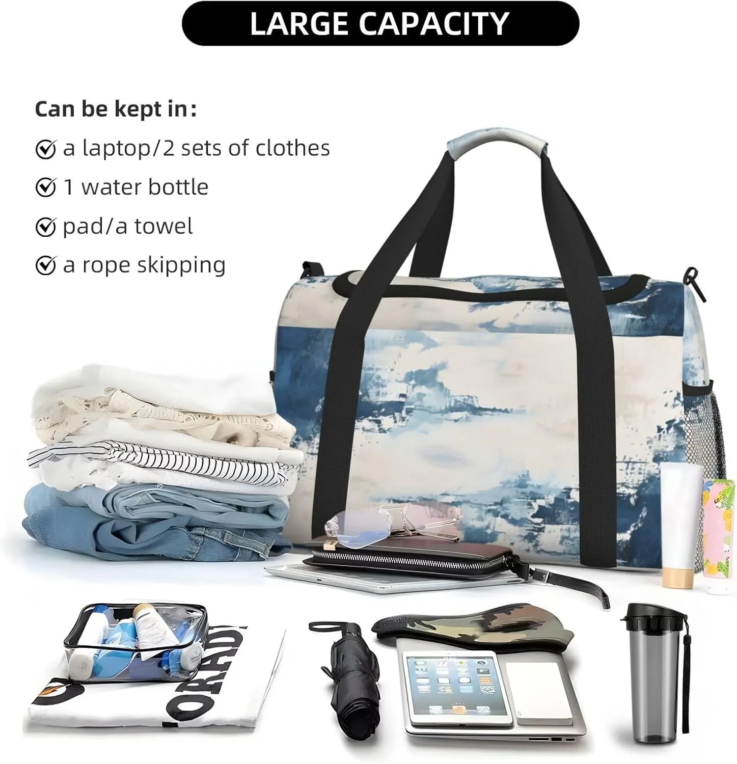 Travel Duffel Bag For Men Women, Navy Blue Art Painting Carry On Sport Gym Bag With Shoulder Strap Lightweight Waterproof Weekender Bag Overnight Bag