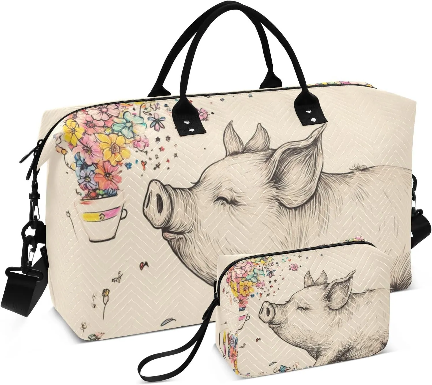 Travel Hand Bag Carry On Personal Item Bag Gym Bag with Adjustable Strap for Business Trips Large Capacity Art Teacup Pig Fun