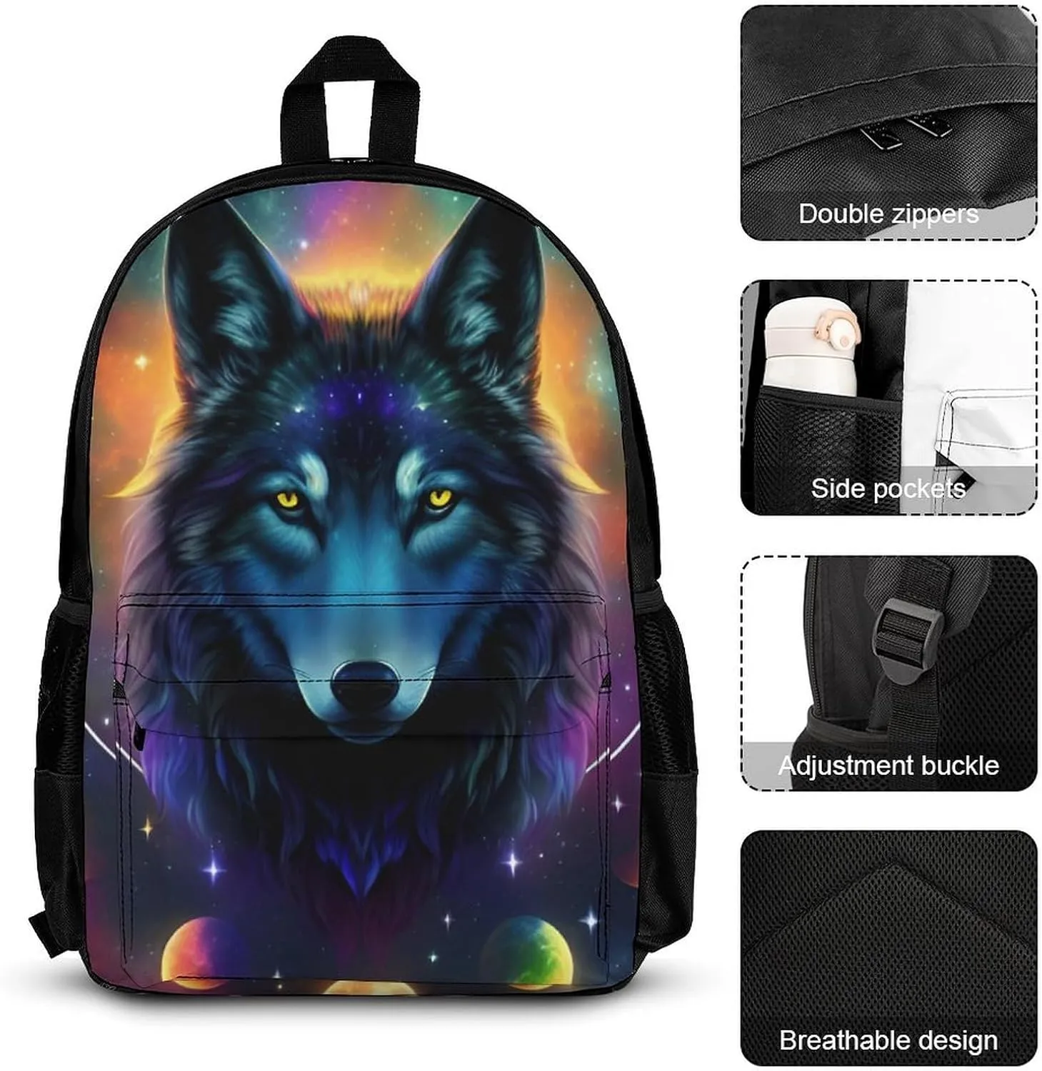 Travel Hiking Bag & Day Pack 3 Piece Daypack Climbing Shoulder Bag Big Capacity Rucksack Galaxy Psychedelic Wolf Night Sky Space Art Daypack Backpack for Men and Women
