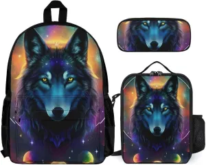 Travel Hiking Bag & Day Pack 3 Piece Daypack Climbing Shoulder Bag Big Capacity Rucksack Galaxy Psychedelic Wolf Night Sky Space Art Daypack Backpack for Men and Women