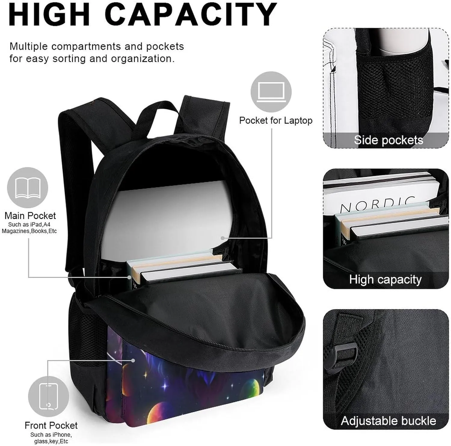 Travel Hiking Bag & Day Pack 3 Piece Daypack Climbing Shoulder Bag Big Capacity Rucksack Galaxy Psychedelic Wolf Night Sky Space Art Daypack Backpack for Men and Women