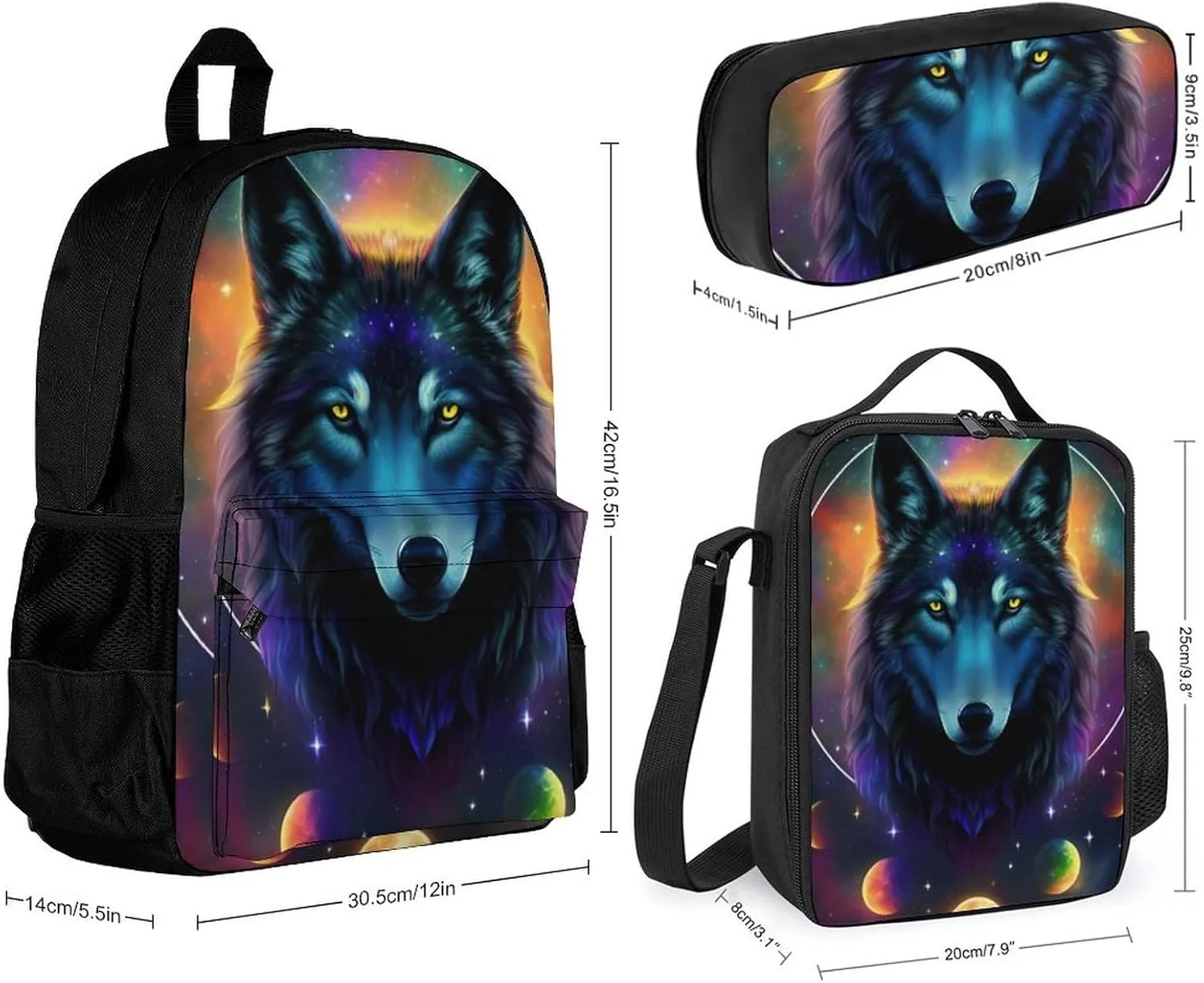 Travel Hiking Bag & Day Pack 3 Piece Daypack Climbing Shoulder Bag Big Capacity Rucksack Galaxy Psychedelic Wolf Night Sky Space Art Daypack Backpack for Men and Women