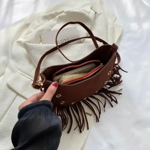 Trendy Brown Fringe Crossbody Bag