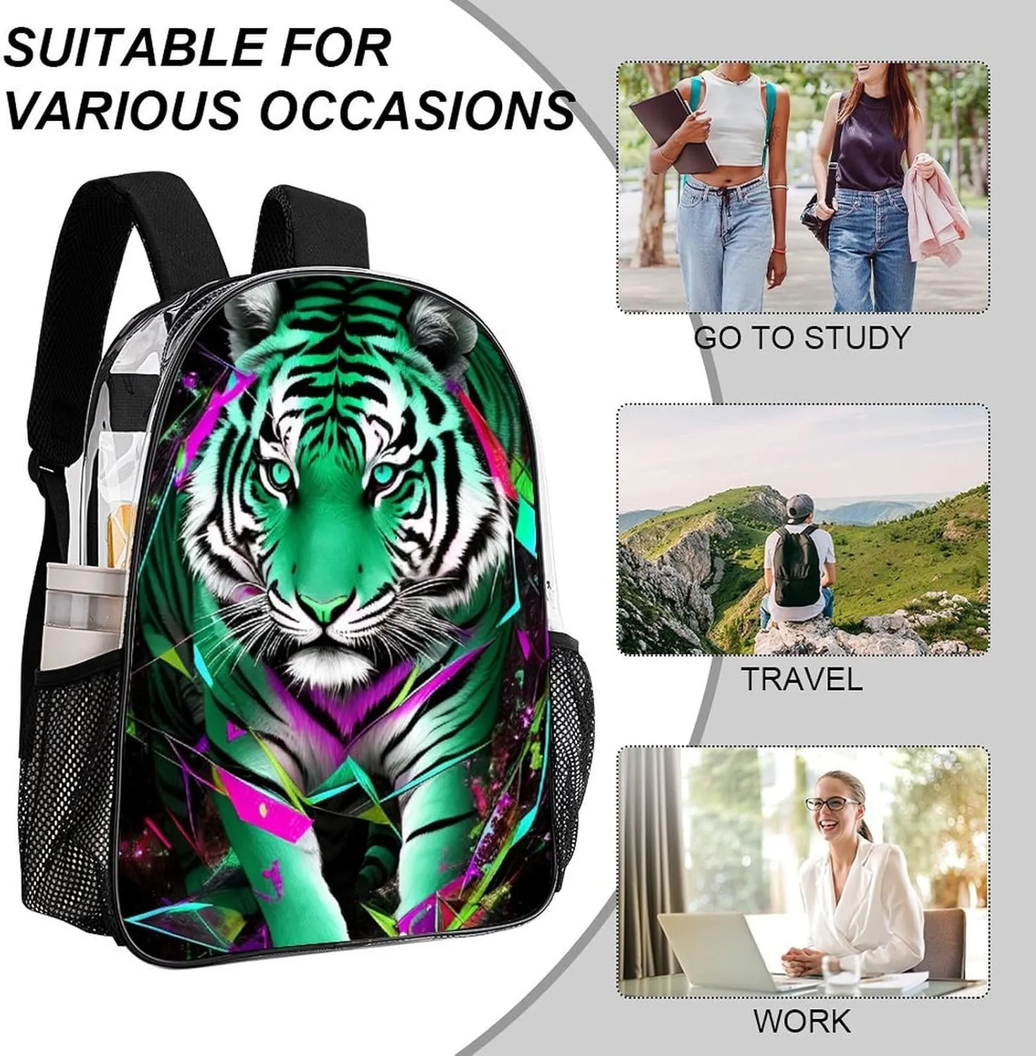 Trippy Tiger Animal Art Backpack Transparent Multipurpose Anti-Theft Shoulder Bag Big Capacity Gym Outdoor Hiking Backpack With Padded Straps