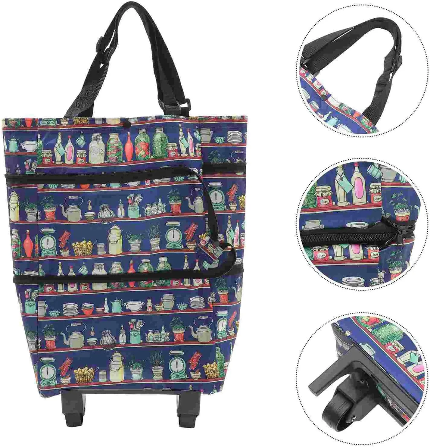 Trolley Case Foldable Shopping Bag Tote with Wheels Foldable Trolley Cart On Pull Handle Portable Carts Wheeled Bags-50.00X27.00X15.00Cm-Blue
