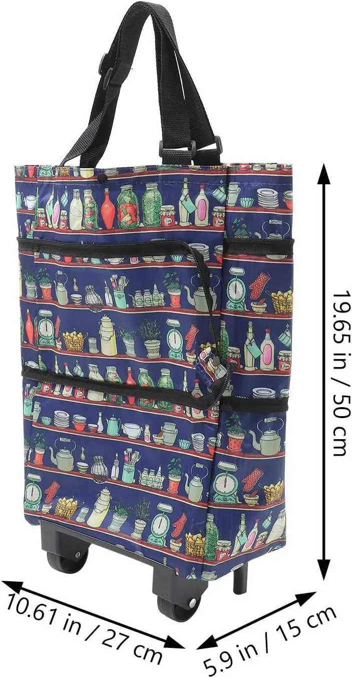 Trolley Case Foldable Shopping Bag Tote with Wheels Foldable Trolley Cart On Pull Handle Portable Carts Wheeled Bags-50.00X27.00X15.00Cm-Blue