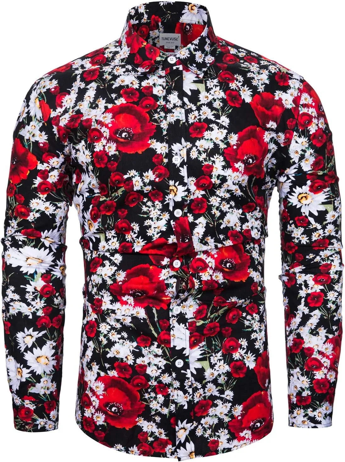 TUNEVUSE Men Floral Dress Shirts Long Sleeve Casual Button Down Flower Printed Shirts 100% Cotton
