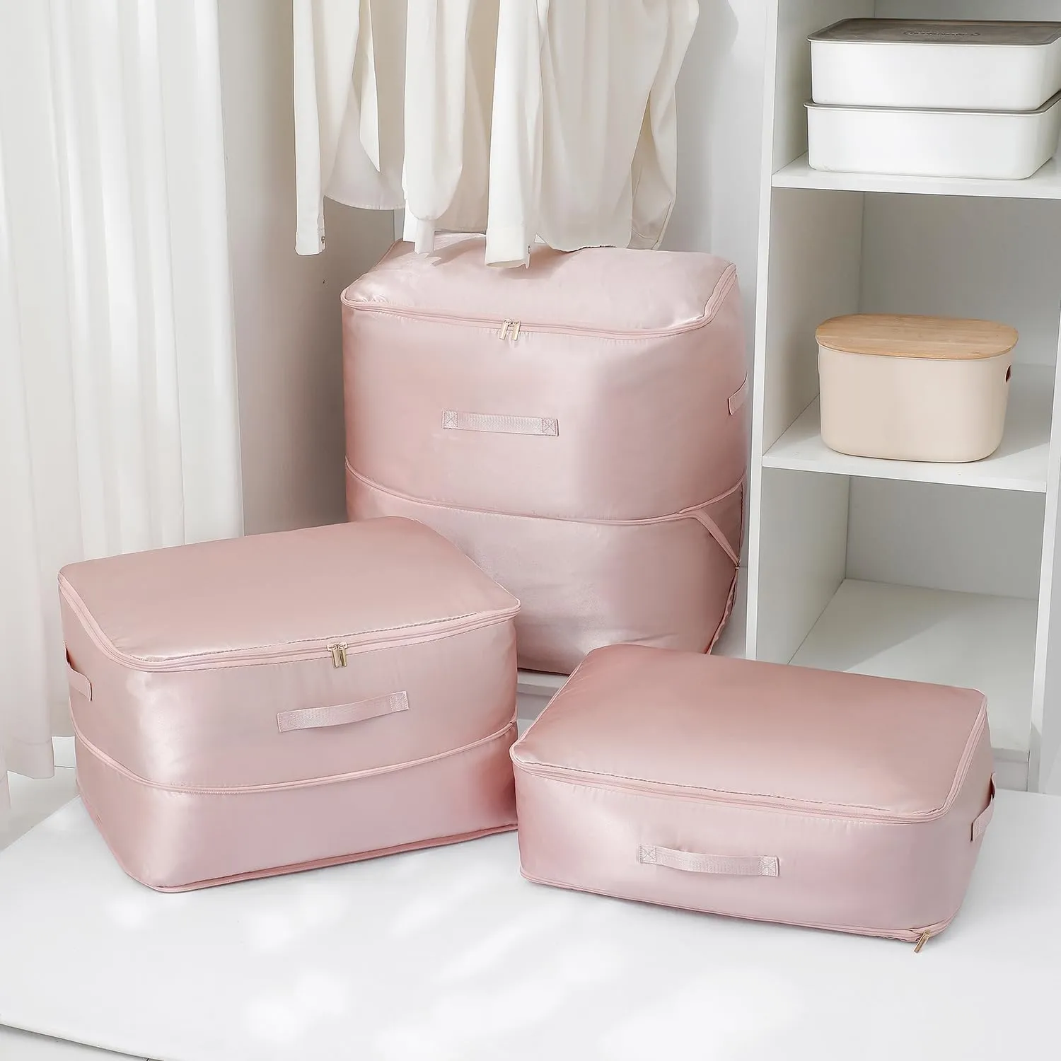 Tuza 2 Pack Space Saving Self Compression Organizer, Space Bags for Travel, Portable Moving Bags for Comforters, Blankets, Down Jacket, Pink, Extra Large, 20.5"×16.6"×23.6"