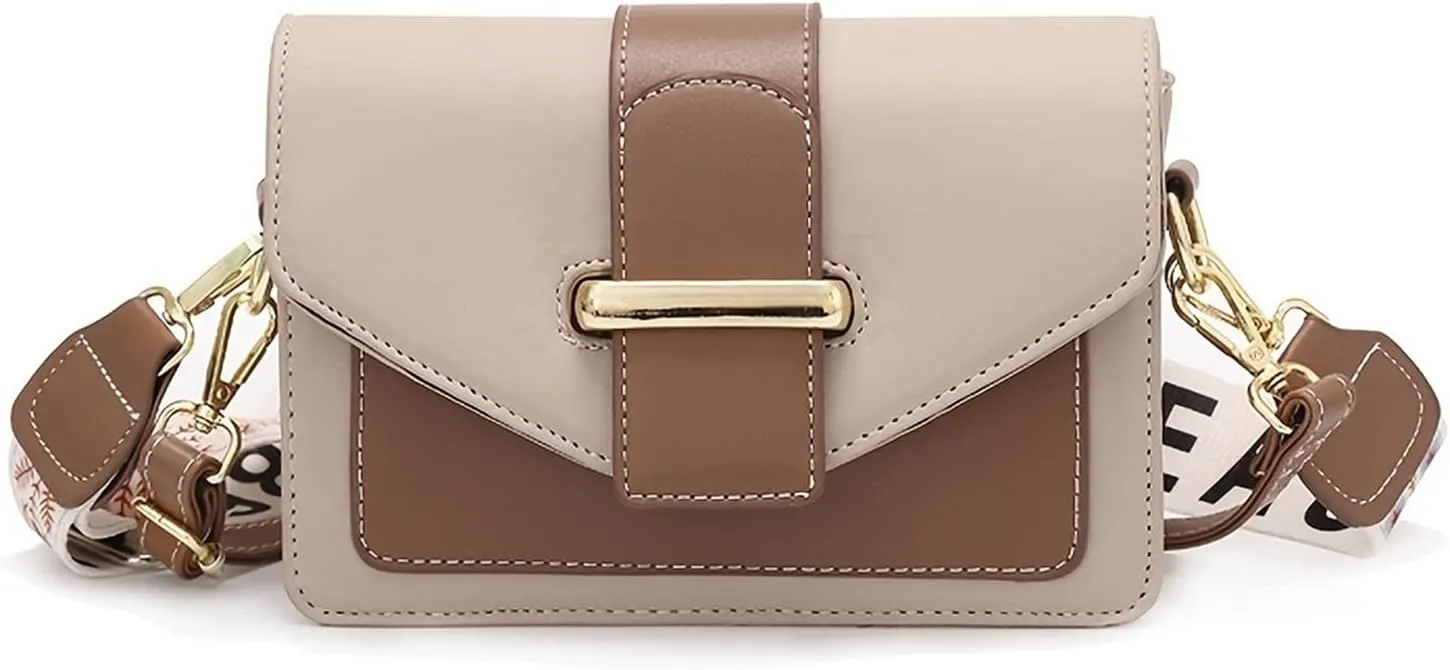 Two Tone Flap Square Bag, Buckle Decor Shoulder Bag, Wide Strap Crossbody Purse For Everyday