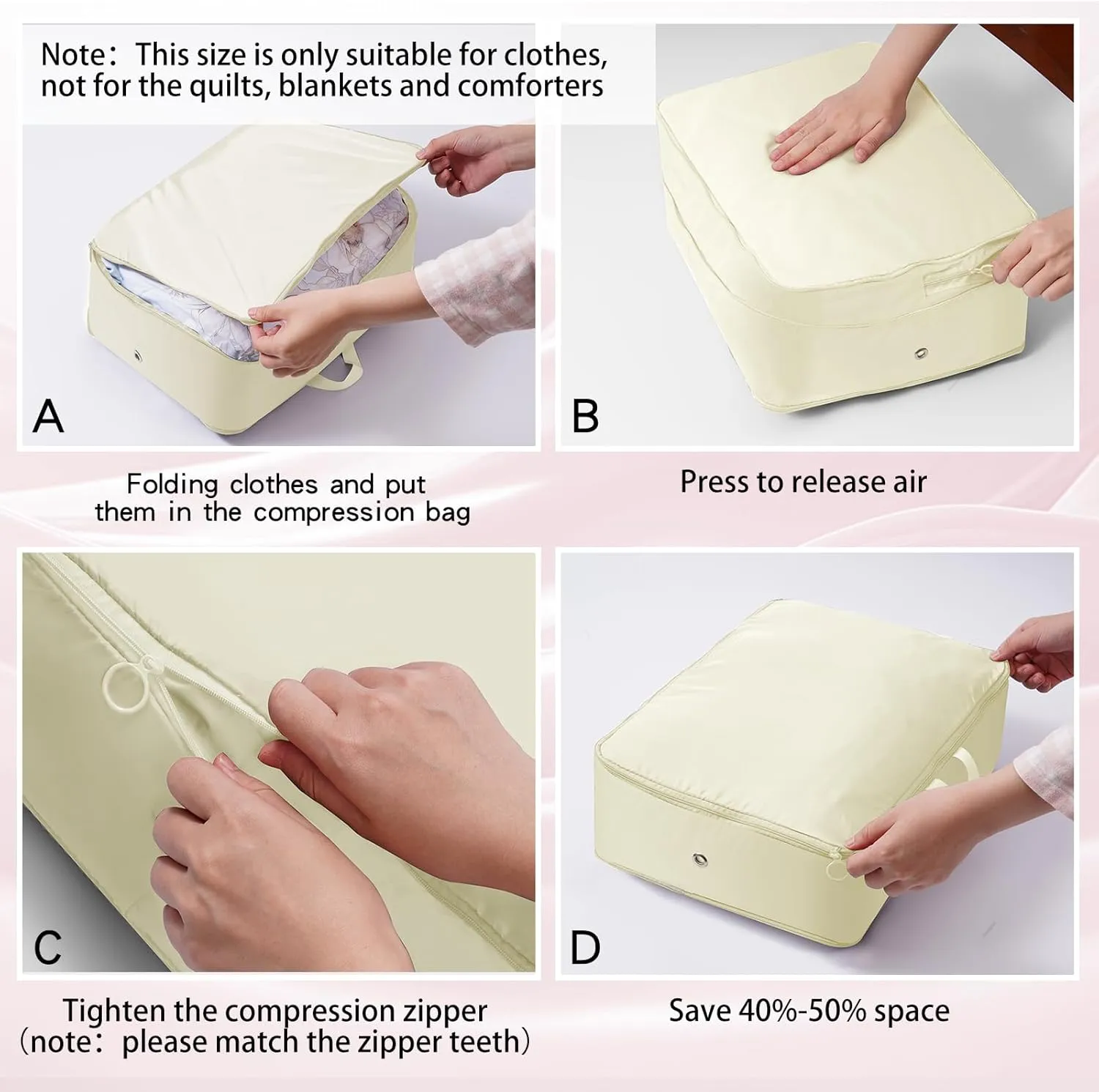 Ultra Space Saving Self Compression Organizer, 4 Pack Compression Bags for Storage, Sweater Organizer for Closet, Clothes Storage Bag (Beige, M, 40x30x18cm)