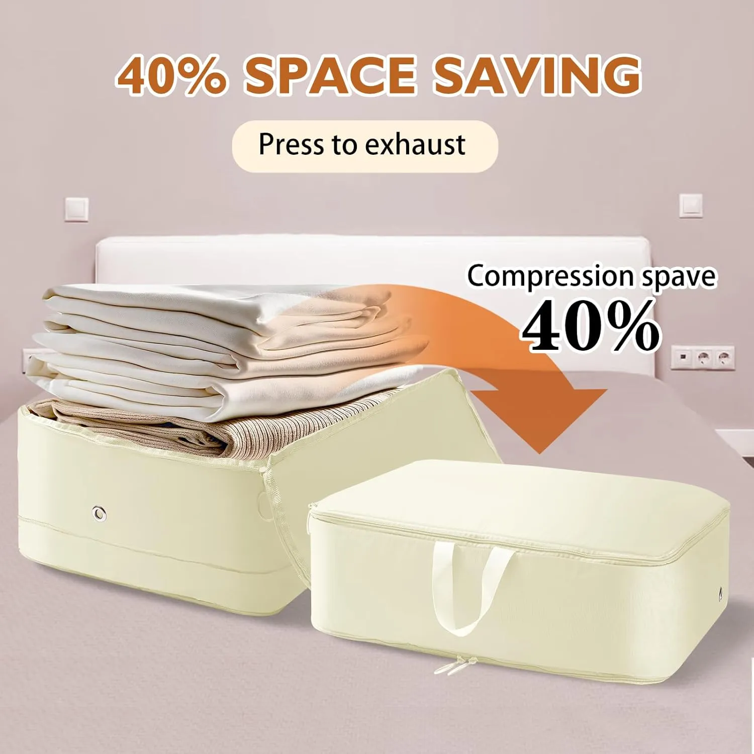 Ultra Space Saving Self Compression Organizer, 4 Pack Compression Bags for Storage, Sweater Organizer for Closet, Clothes Storage Bag (Beige, M, 40x30x18cm)
