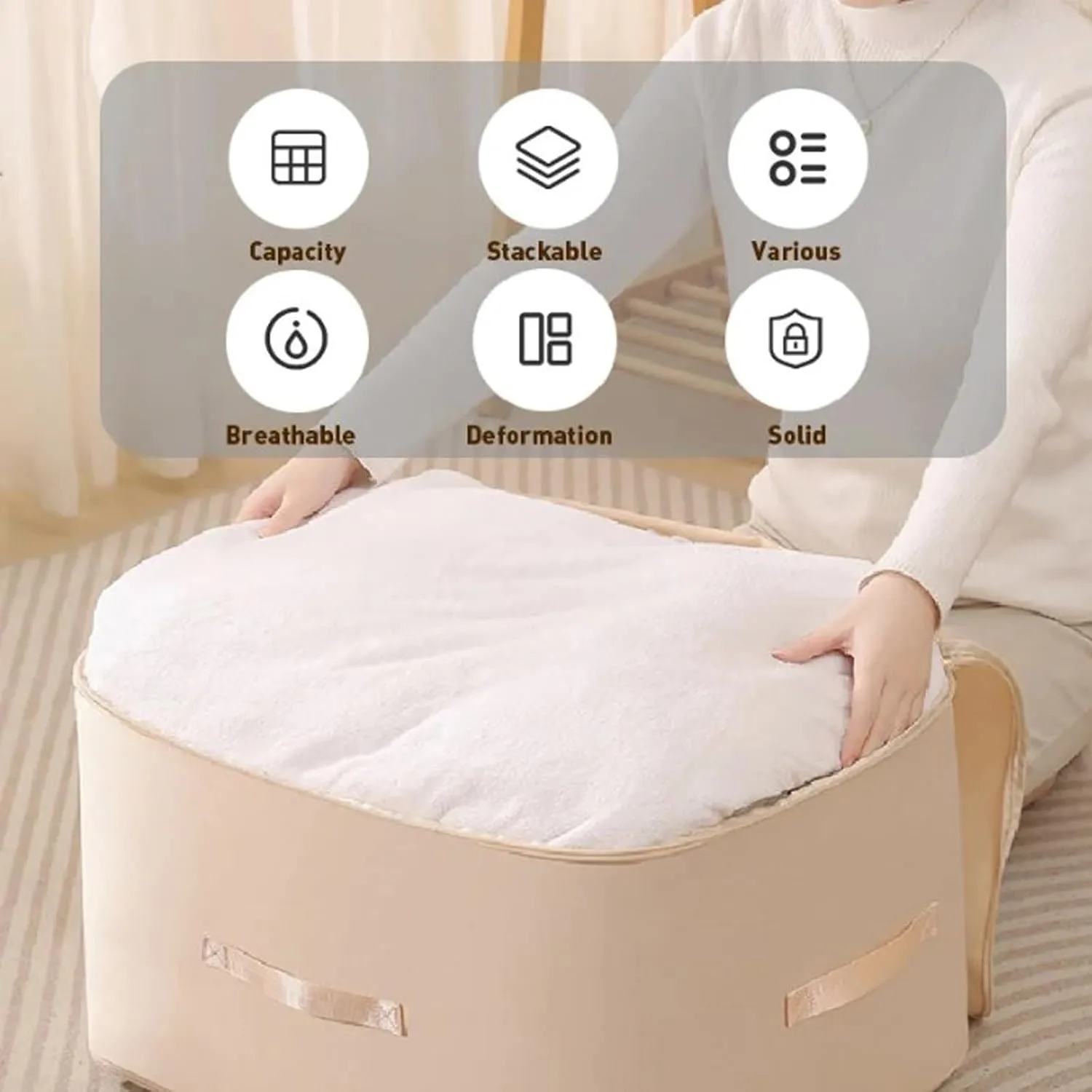 Ultra Space Saving Self Compression Organizer, Compression Duvet Storage Bag Large Capacity, Heavy Duty Moving Bags, Self Compression Moving Organizer Bags for Comforters, Clothes (BEIGE,X-Large)