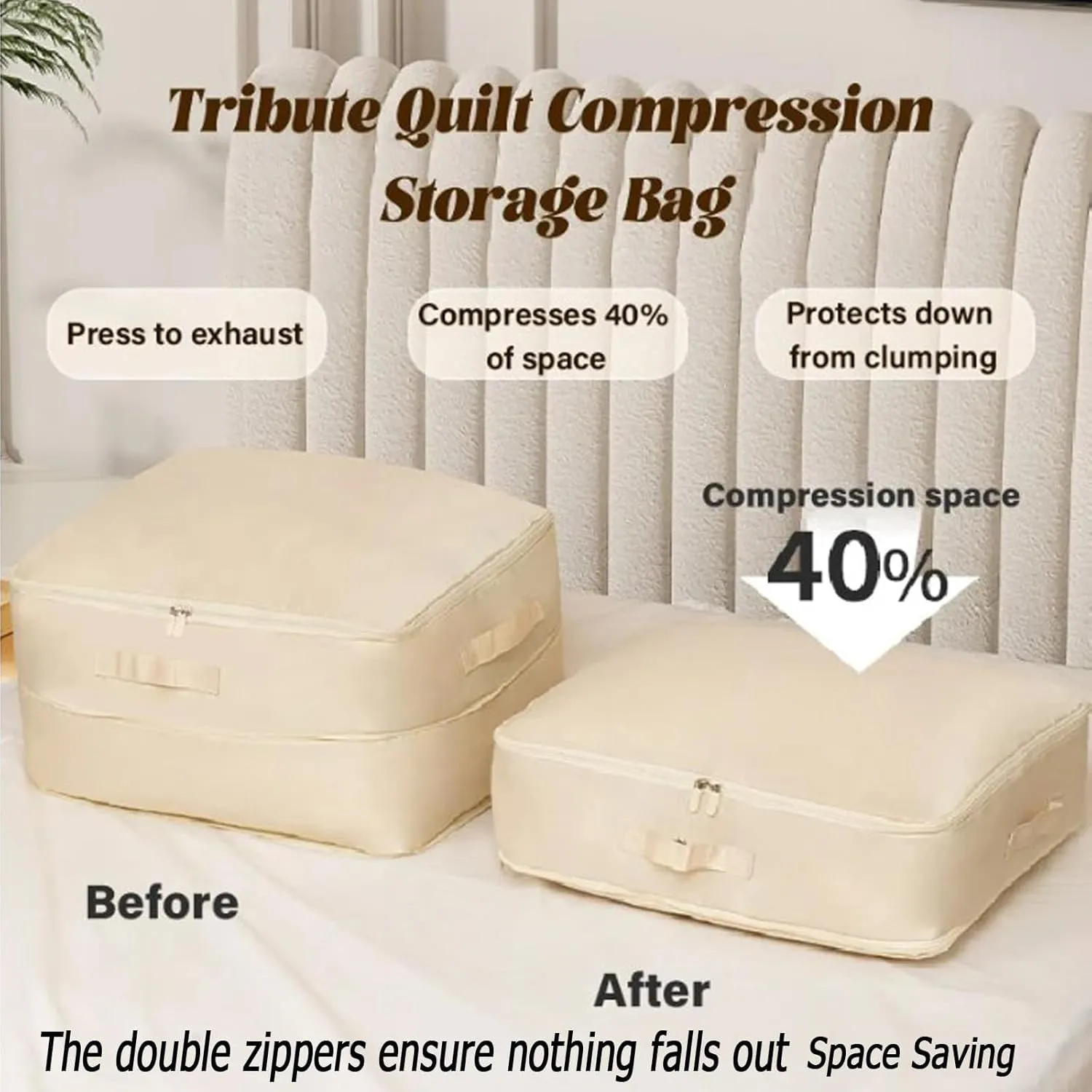 Ultra Space Saving Self Compression Organizer, Compression Duvet Storage Bag Large Capacity, Heavy Duty Moving Bags, Self Compression Moving Organizer Bags for Comforters, Clothes (BEIGE,X-Large)