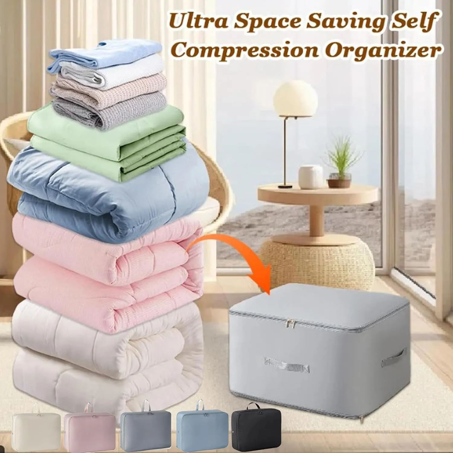 Ultra Space Saving Self Compression Organizer, Compression Duvet Storage Bag Large Capacity, Heavy Duty Moving Bags, Self Compression Moving Organizer Bags for Comforters, Clothes (BEIGE,X-Large)