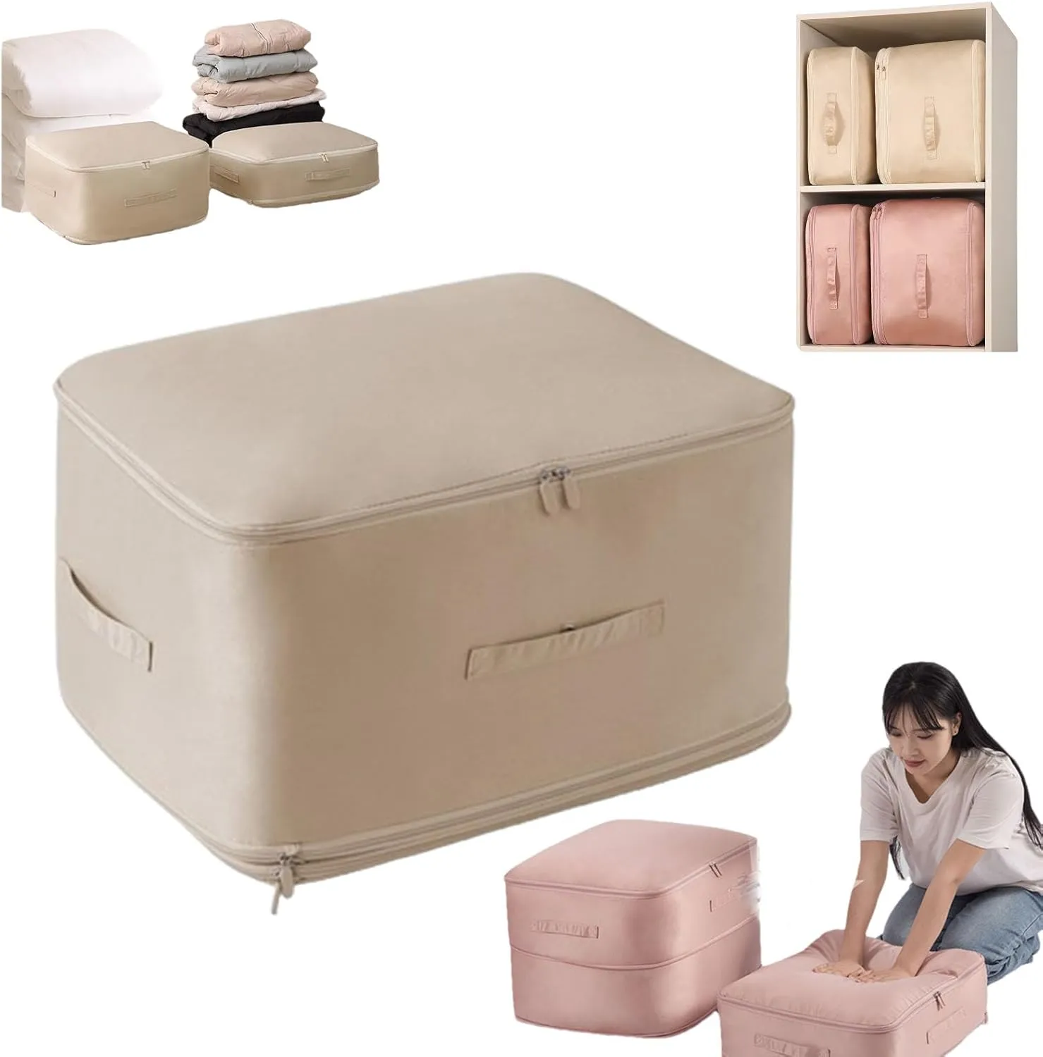 Ultra Space Saving Self Compression Organizer, Compression Duvet Storage Bag Large Capacity, Heavy Duty Moving Bags, Self Compression Moving Organizer Bags for Comforters, Clothes (BEIGE,X-Large)