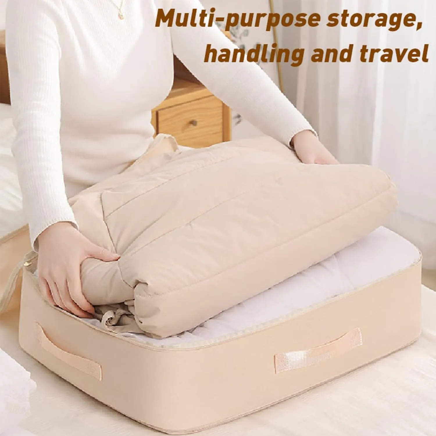 Ultra Space Saving Self Compression Organizer, Compression Duvet Storage Bag Large Capacity, Heavy Duty Moving Bags, Travel Packing Organizers Storage Tote for Clothes, Comforters (Beige, M L)