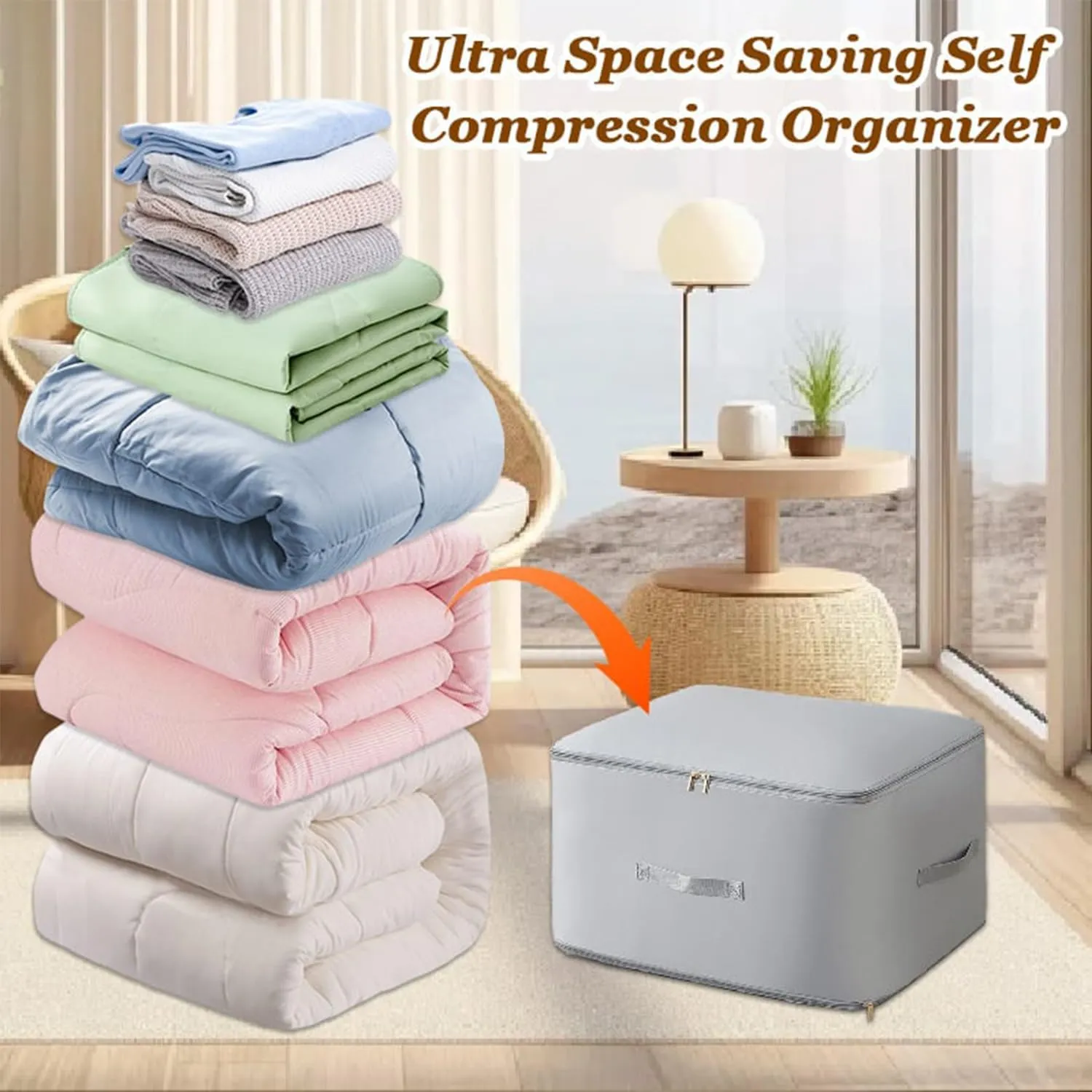 Ultra Space Saving Self Compression Organizer, Compression Duvet Storage Bag Large Capacity, Heavy Duty Moving Bags, Travel Packing Organizers Storage Tote for Clothes, Comforters (Beige, M L)