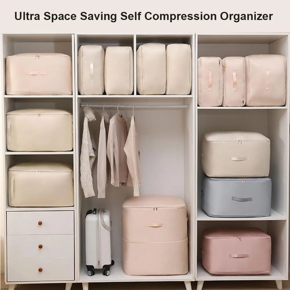 Ultra Space Saving Self Compression Organizer, Heavy Duty Moving Bags, Storage Tote for Space Saving, Self Compression Moving Organizer Bags for Comforters, Clothes, Blankets (Blue,L(54*42*30CM))