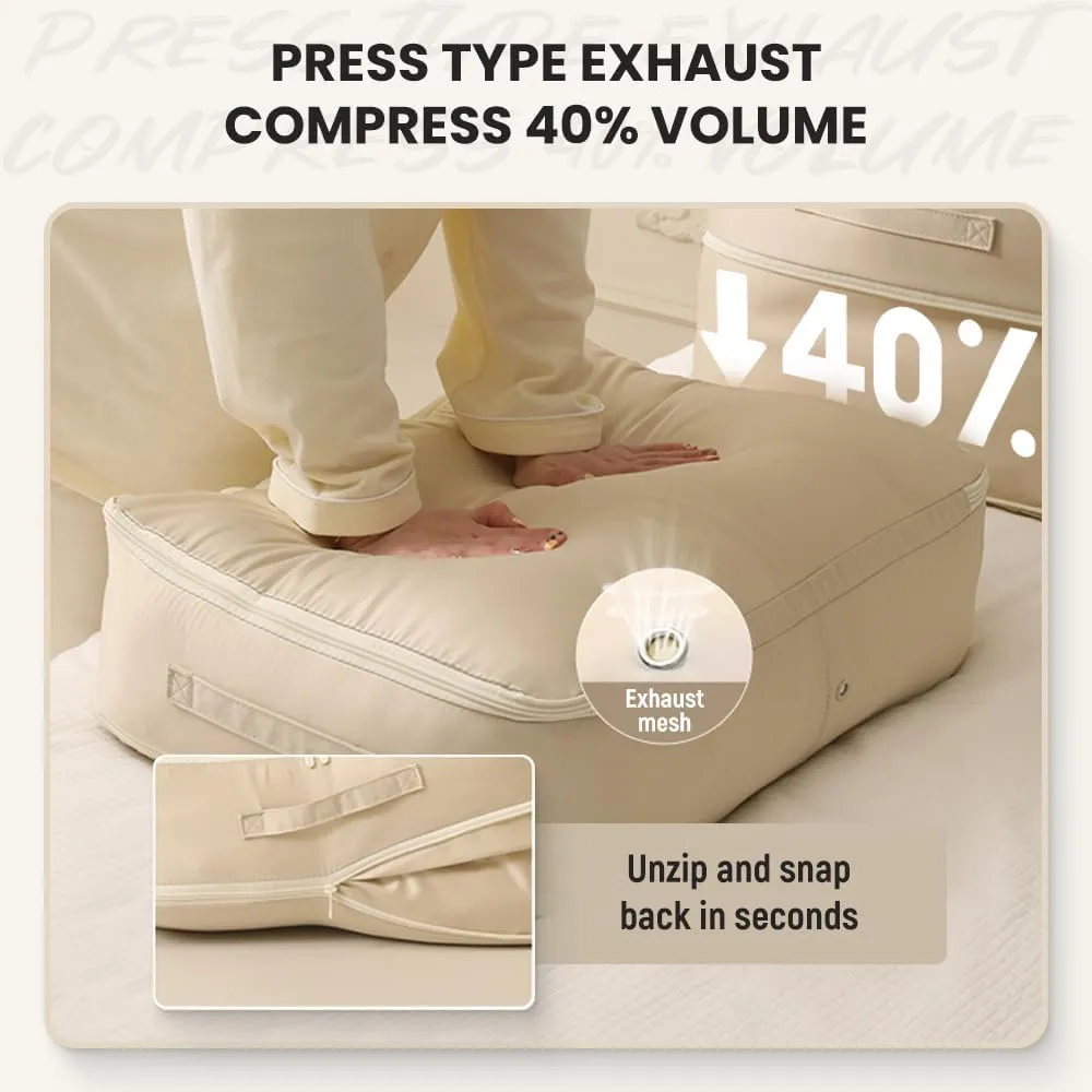 Ultra Space Saving Self Compression Organizer,Heavy Duty Comforter Storage Bag,Storage Tote for Space Saving,Self Compression Organizer Bags for Comforters,Clothes,Blankets (Beige, L (54*42*30CM))