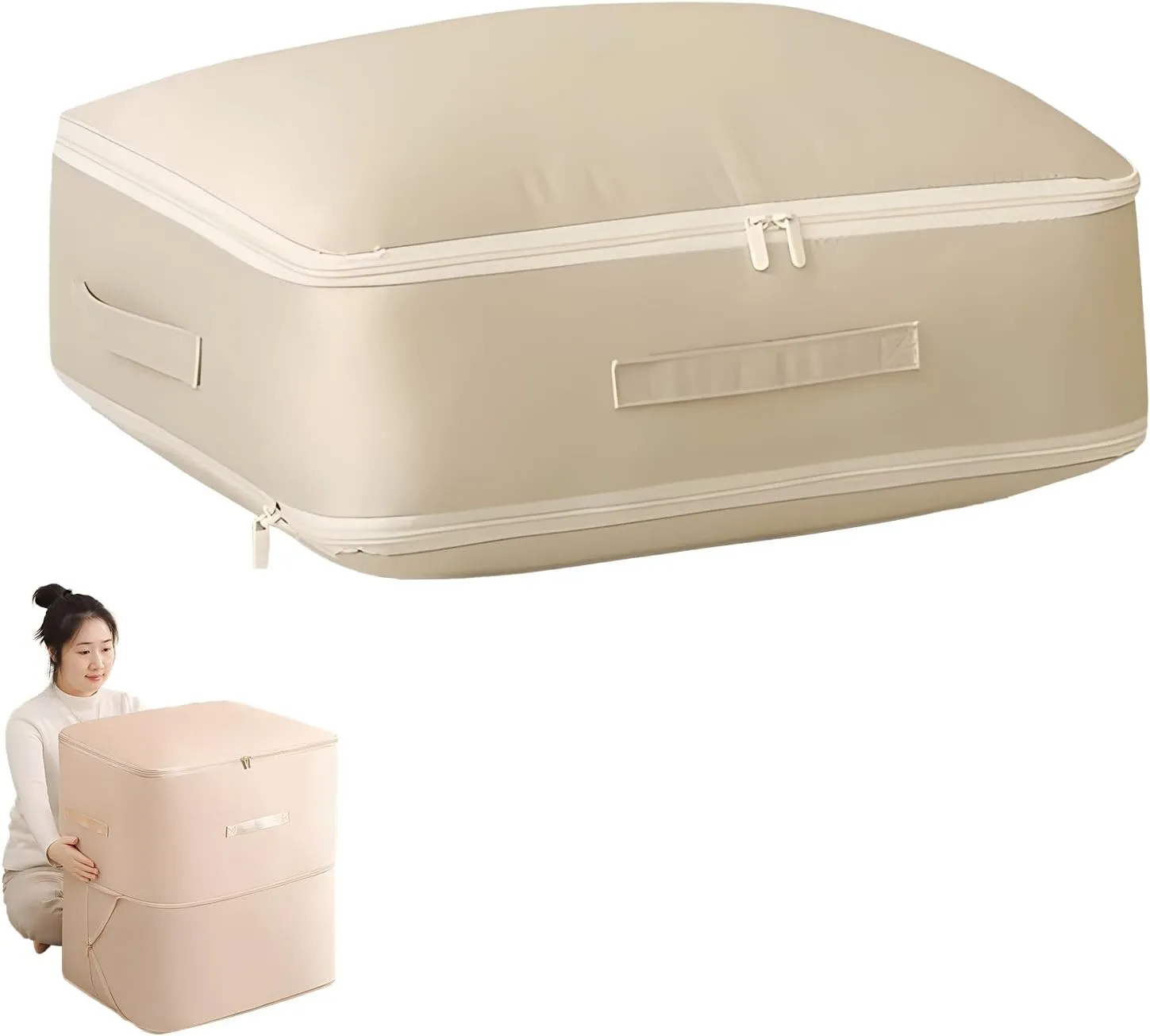 Ultra Space Saving Self Compression Organizer,Heavy Duty Comforter Storage Bag,Storage Tote for Space Saving,Self Compression Organizer Bags for Comforters,Clothes,Blankets (Beige, L (54*42*30CM))