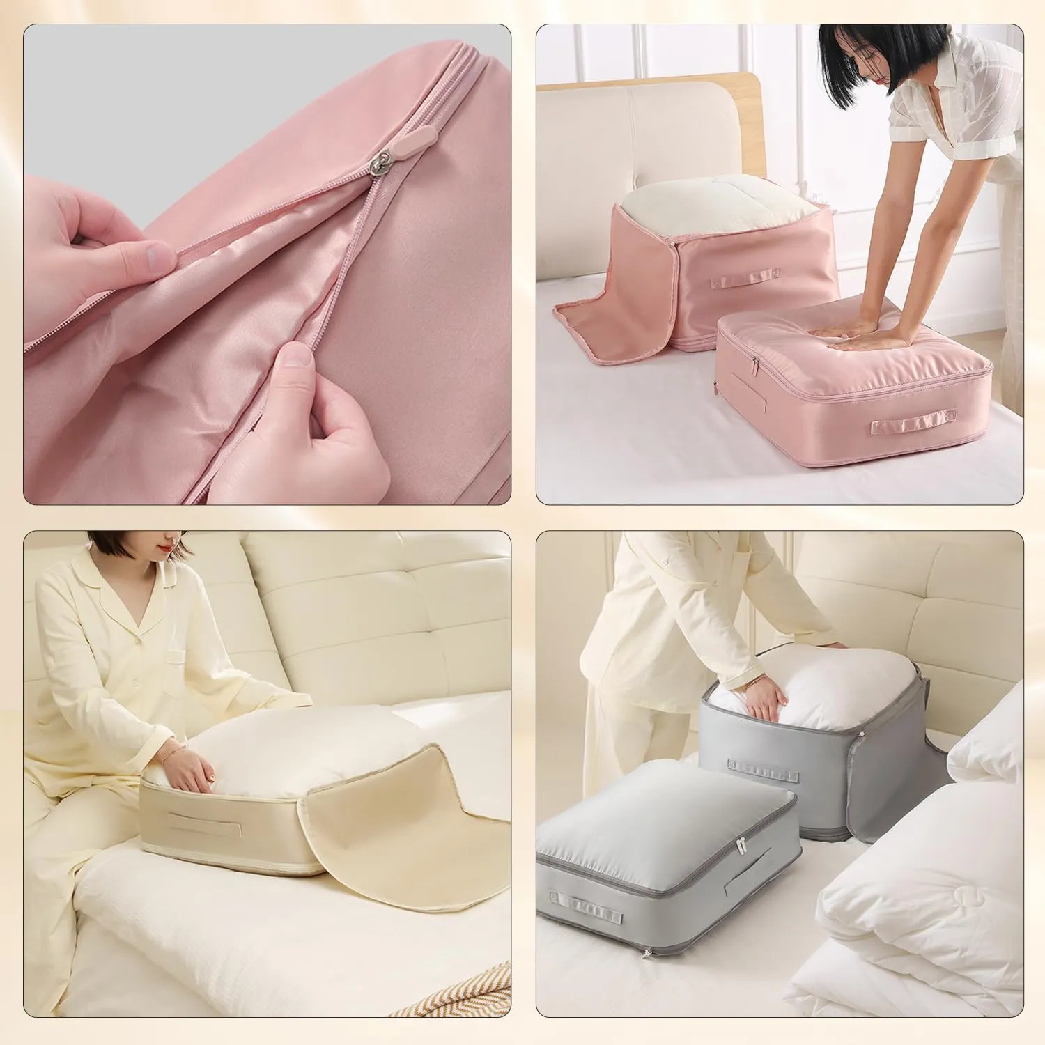 Ultra Space Saving Self Compression Organizer,Storage Bags,Heavy Duty Moving Bags,Storage Tote for Space Saving, Self Compression Moving Organizer Bags for Comforters,Clothes, Blankets (Khaki, L)
