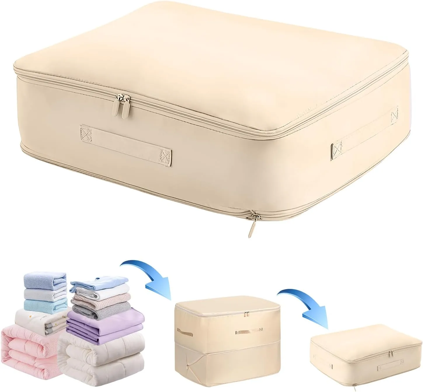 Ultra Space Saving Self Compression Organizer,Storage Bags,Heavy Duty Moving Bags,Storage Tote for Space Saving, Self Compression Moving Organizer Bags for Comforters,Clothes, Blankets (Khaki, L)