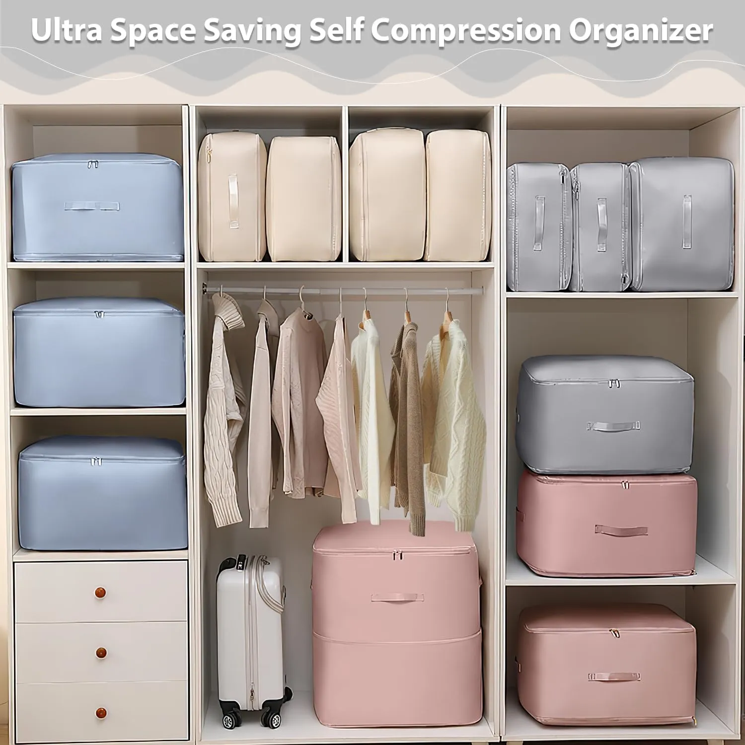 Ultra Space Saving Self Compression Organizer,Storage Bags,Heavy Duty Moving Bags,Storage Tote for Space Saving, Self Compression Moving Organizer Bags for Comforters,Clothes (Blue, L (54*42*30CM)