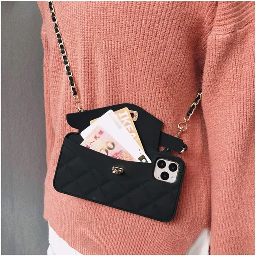 UnnFiko Wallet Case Compatible with iPhone 14, Cute Light Luxury Bag Design, Purse Flip Card Pouch Cover Soft Silicone Case with Handstrap Long Shoulder Strap (Black, iPhone 14)