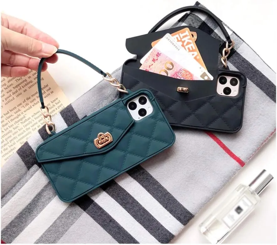 UnnFiko Wallet Case Compatible with iPhone 14, Cute Light Luxury Bag Design, Purse Flip Card Pouch Cover Soft Silicone Case with Handstrap Long Shoulder Strap (Black, iPhone 14)