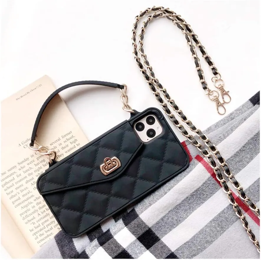 UnnFiko Wallet Case Compatible with iPhone 14, Cute Light Luxury Bag Design, Purse Flip Card Pouch Cover Soft Silicone Case with Handstrap Long Shoulder Strap (Black, iPhone 14)