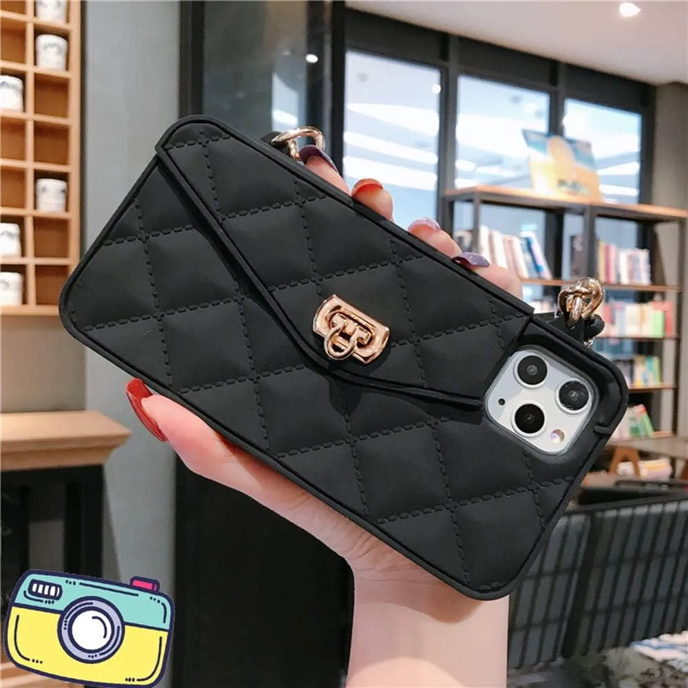 UnnFiko Wallet Case Compatible with iPhone 14, Cute Light Luxury Bag Design, Purse Flip Card Pouch Cover Soft Silicone Case with Handstrap Long Shoulder Strap (Black, iPhone 14)