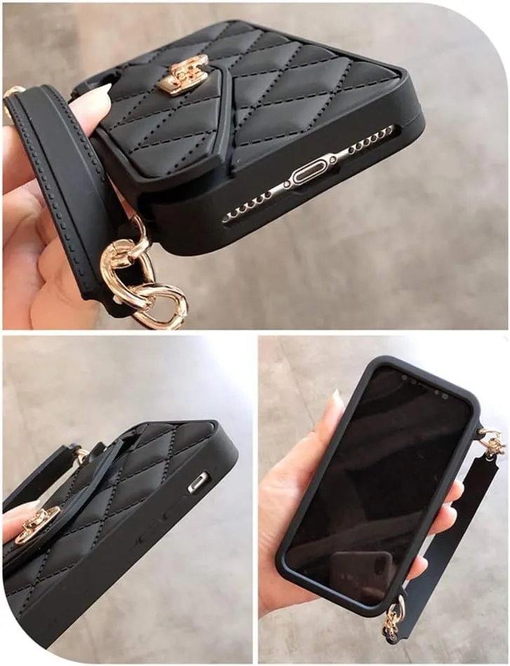 UnnFiko Wallet Case Compatible with iPhone 14, Cute Light Luxury Bag Design, Purse Flip Card Pouch Cover Soft Silicone Case with Handstrap Long Shoulder Strap (Black, iPhone 14)