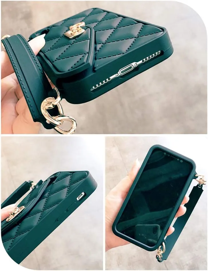 UnnFiko Wallet Case Compatible with iPhone XR, Cute Light Luxury Bag Design, Purse Flip Card Pouch Cover Soft Silicone Case with Handstrap Long Shoulder Strap (Dark Green, iPhone XR)