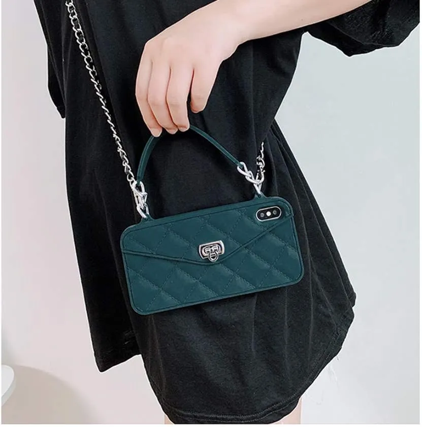 UnnFiko Wallet Case Compatible with iPhone XR, Cute Light Luxury Bag Design, Purse Flip Card Pouch Cover Soft Silicone Case with Handstrap Long Shoulder Strap (Dark Green, iPhone XR)