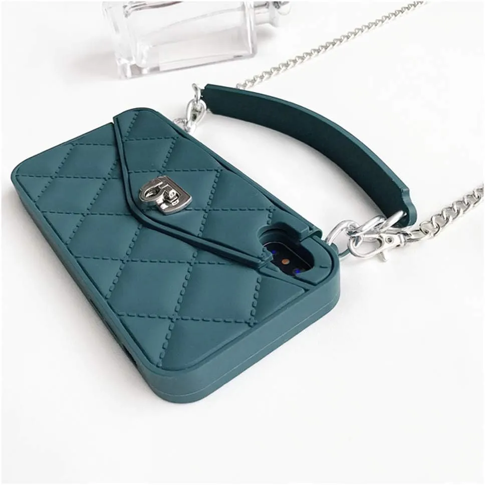 UnnFiko Wallet Case Compatible with iPhone XR, Cute Light Luxury Bag Design, Purse Flip Card Pouch Cover Soft Silicone Case with Handstrap Long Shoulder Strap (Dark Green, iPhone XR)