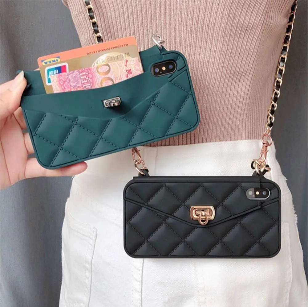 UnnFiko Wallet Case Compatible with iPhone XR, Cute Light Luxury Bag Design, Purse Flip Card Pouch Cover Soft Silicone Case with Handstrap Long Shoulder Strap (Dark Green, iPhone XR)