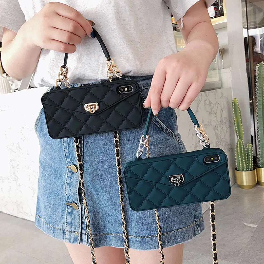UnnFiko Wallet Case Compatible with iPhone XR, Cute Light Luxury Bag Design, Purse Flip Card Pouch Cover Soft Silicone Case with Handstrap Long Shoulder Strap (Dark Green, iPhone XR)
