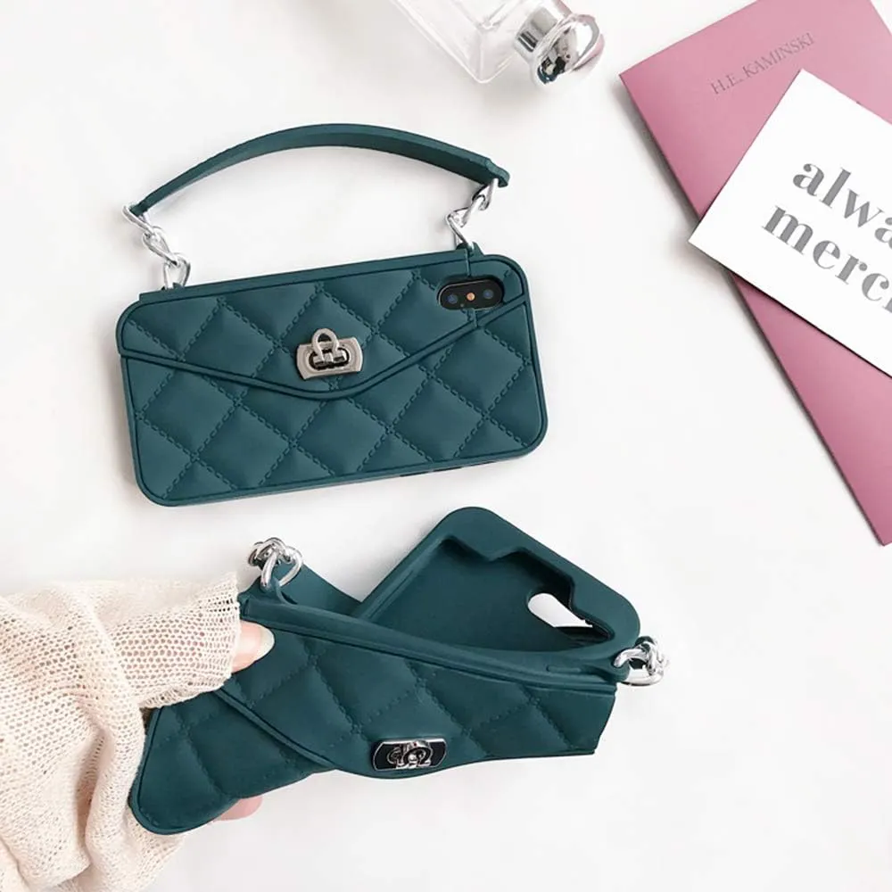 UnnFiko Wallet Case Compatible with iPhone XR, Cute Light Luxury Bag Design, Purse Flip Card Pouch Cover Soft Silicone Case with Handstrap Long Shoulder Strap (Dark Green, iPhone XR)