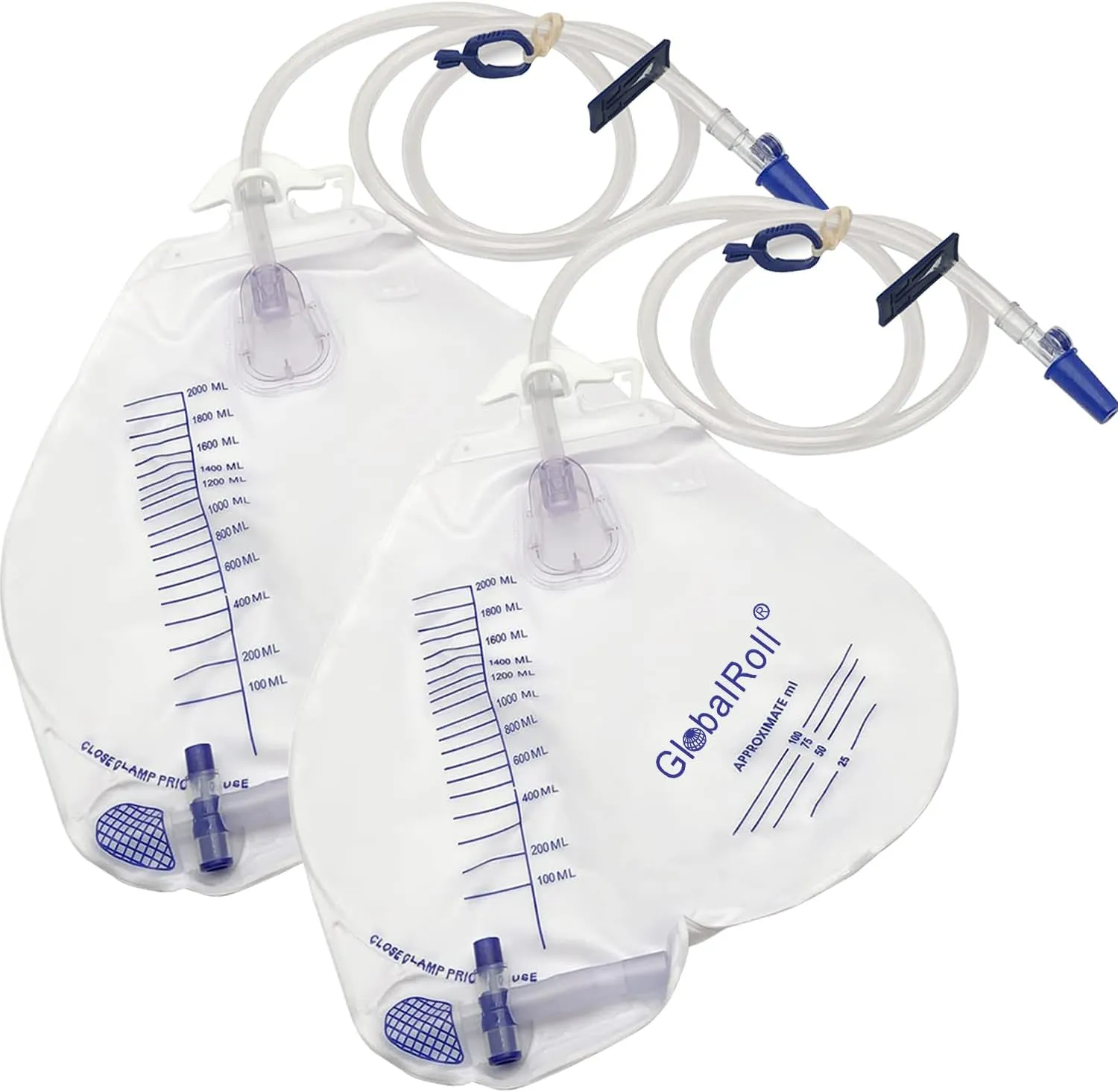 Urinary Drainage Bag with Anti-Reflux Chamber, Urine Bag with 2000 mL Volume, 48" Drainage Tube, Clips and Hanging Hook, Professional Urinary Bag for Home and Hospitals Health Aids, 2 Pack