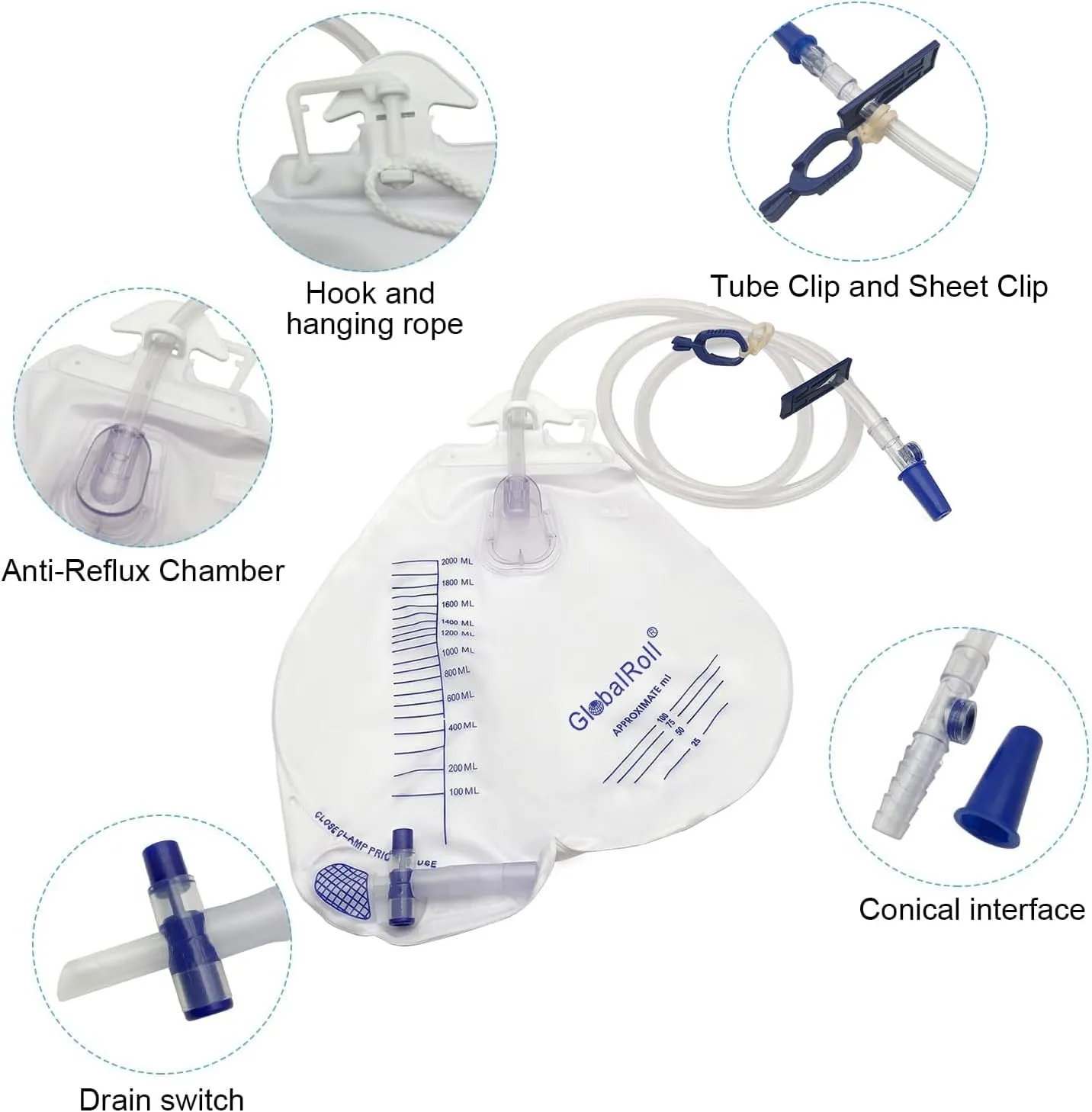 Urinary Drainage Bag with Anti-Reflux Chamber, Urine Bag with 2000 mL Volume, 48" Drainage Tube, Clips and Hanging Hook, Professional Urinary Bag for Home and Hospitals Health Aids, 2 Pack