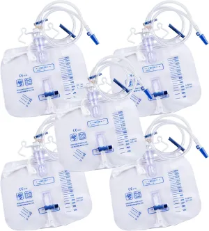 Urinary Drainage Bag with Anti-Reflux Chamber, Urine Bag with 2000ml Volume 48" Drainage Tube Anti-Kinking, Clips and Double Hanging Hook Leak-Proof Drainage Bags, 5 Pack
