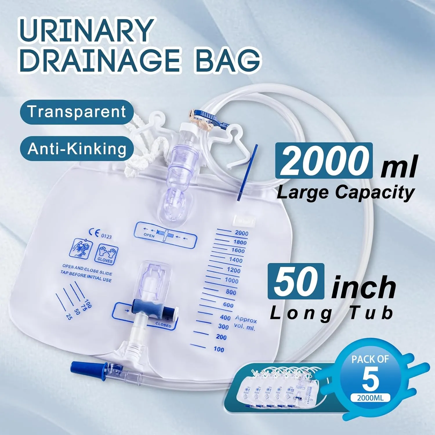 Urinary Drainage Bag with Anti-Reflux Chamber, Urine Bag with 2000ml Volume 48" Drainage Tube Anti-Kinking, Clips and Double Hanging Hook Leak-Proof Drainage Bags, 5 Pack