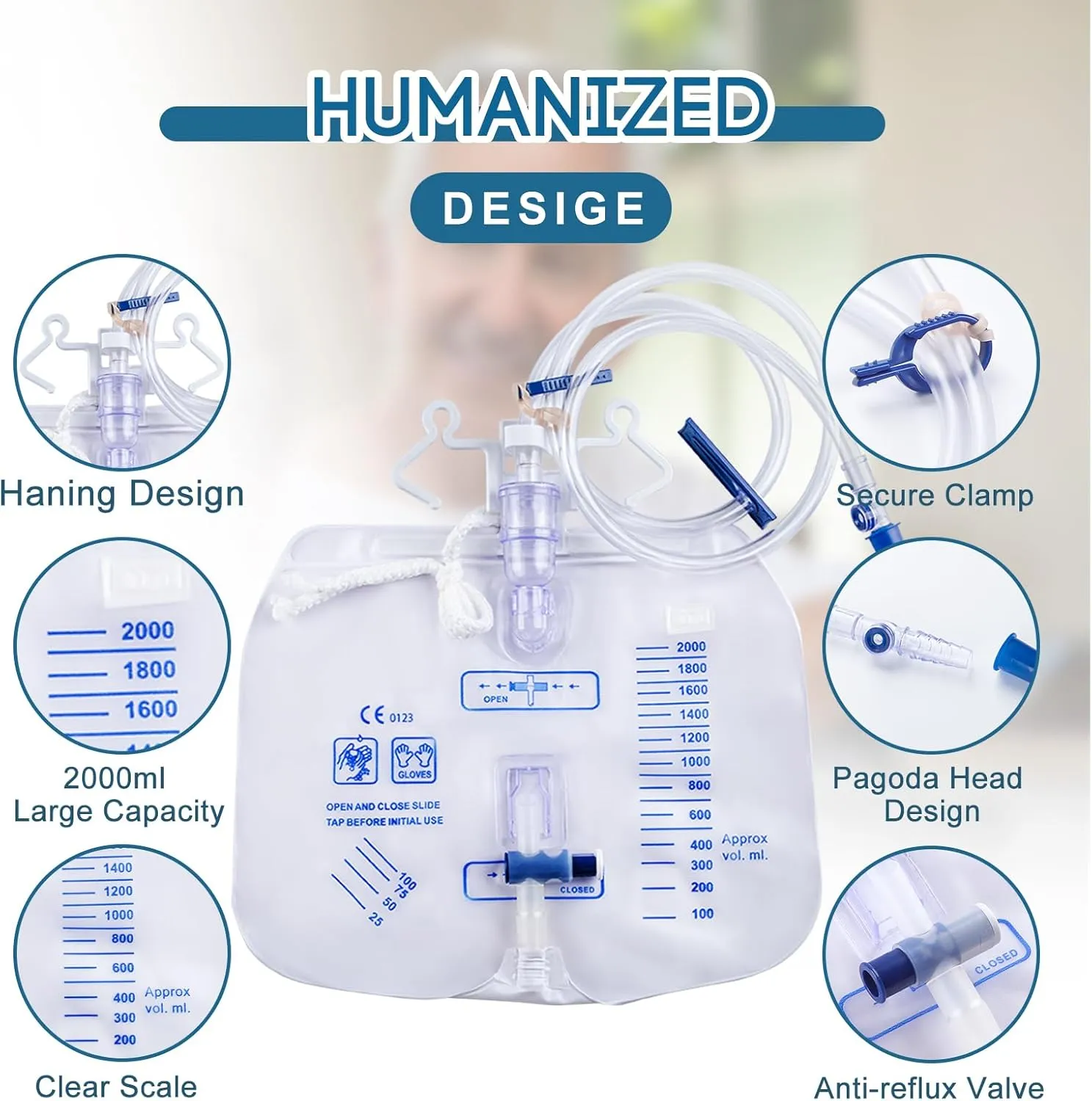 Urinary Drainage Bag with Anti-Reflux Chamber, Urine Bag with 2000ml Volume 48" Drainage Tube Anti-Kinking, Clips and Double Hanging Hook Leak-Proof Drainage Bags, 5 Pack