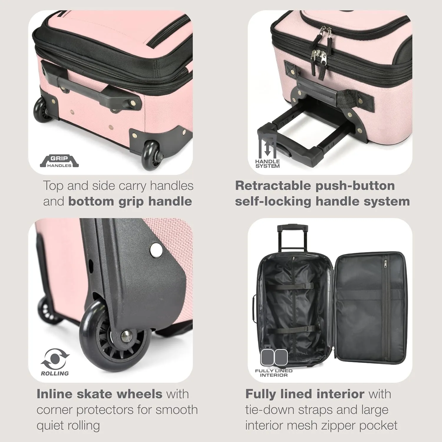 U.S. Traveler Rio Rugged Fabric Expandable Carry-on Luggage, 2 Rolling Suitcase, Pink, 2 Wheel-2 Piece